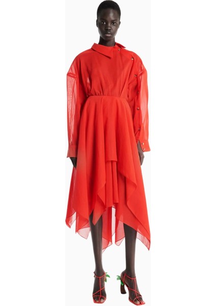 Kırmızı Organze Gömlek Elbise Asimetrik Etek ve Katmanlı Sırt Detaylı