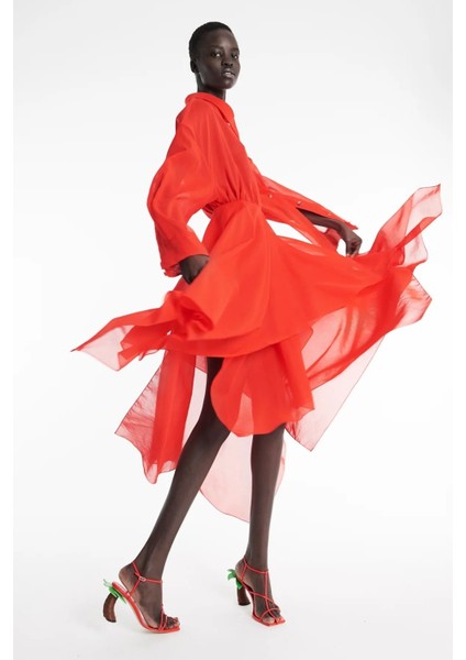 Kırmızı Organze Gömlek Elbise Asimetrik Etek ve Katmanlı Sırt Detaylı fiyatları