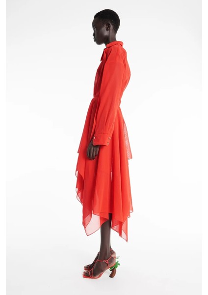 Kırmızı Organze Gömlek Elbise Asimetrik Etek ve Katmanlı Sırt Detaylı fırsatları