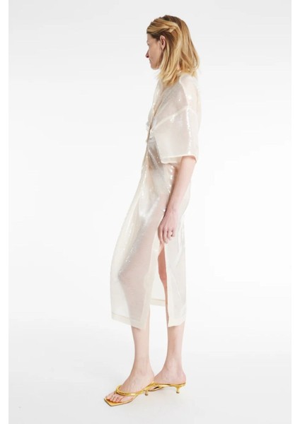 Düğümlü Pullu Midi Elbise Fildişi, Yarı Şeffaf ve Yüksek Yırtmaçlı, Litvanya Üretimi fırsatları