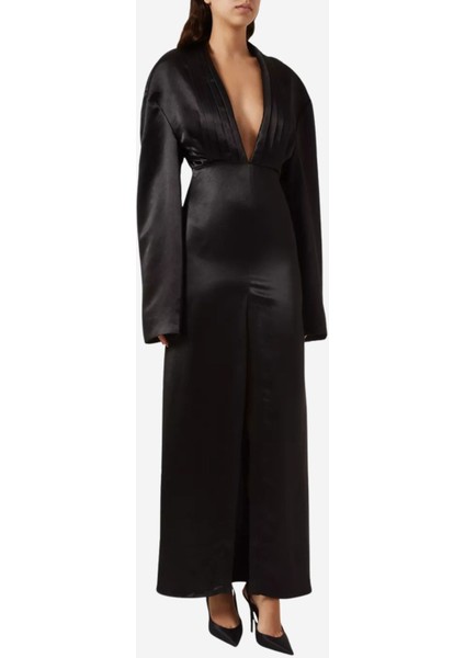 Plunge Yaka Tuxedo Elbise, Siyah