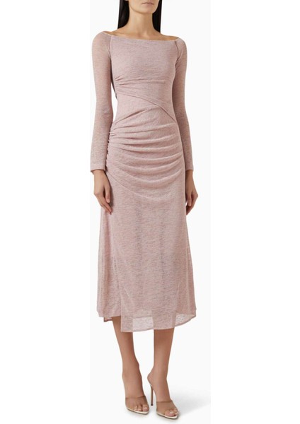 Yüzücü Yaka Midi Elbise - Uzun Kollu, Kabarık Bel Detaylı, Ribana Kumaş, Lined