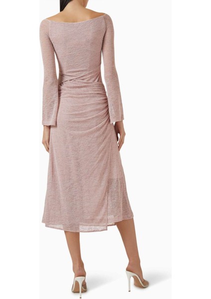 Yüzücü Yaka Midi Elbise - Uzun Kollu, Kabarık Bel Detaylı, Ribana Kumaş, Lined modelleri