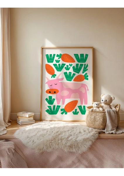 Pink Cow - Doğal Ahşap Çerçeveli Tablo - Neşeli Çocuk Posteri