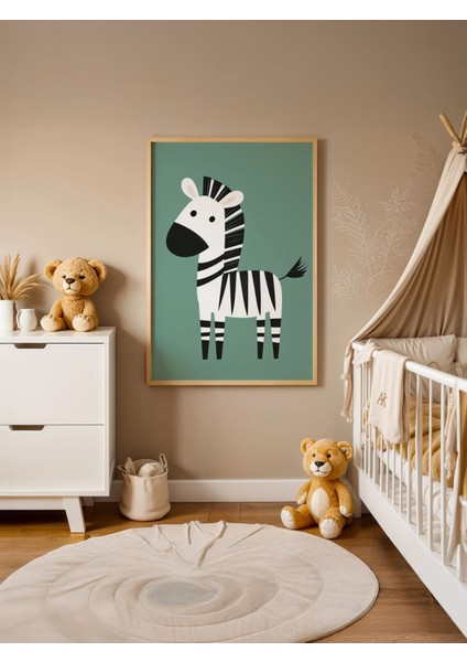 Playful Zebra - Doğal Ahşap Çerçeveli Tablo - Eğlenceli Çocuk Posteri