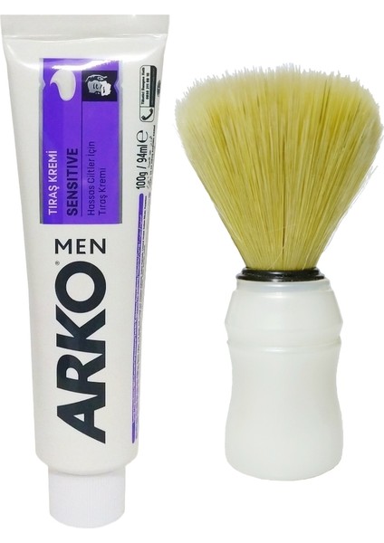 Sensitive Tıraş Kremi 100 Gr, Beyaz Plastik Sap Sentetik Kıl Tıraş Fırçası Seti