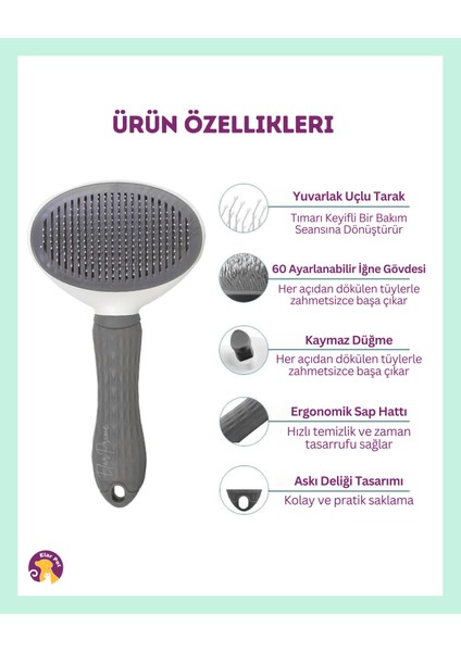 Otomatik Temizlenen Tuşlu Evcil Hayvan Fırçası Kedi Köpek Tüy Toplayıcı Tarak Gri modelleri