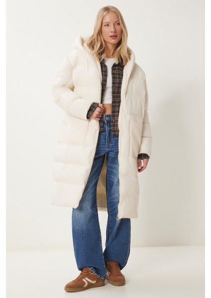 Kapüşonlu Oversize Uzun Şişme Kaban LNT0001 Kemik