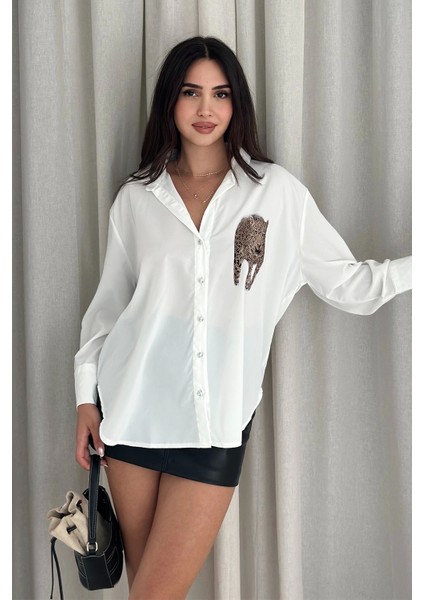 Kaplan Desen Baskılı Taşlı Gömlek