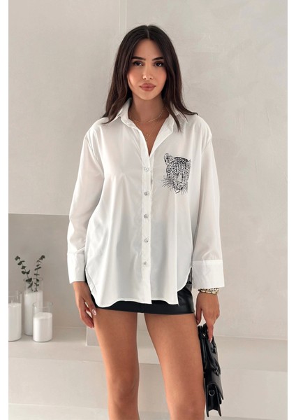 Aslan Desen Baskılı Taşlı Gömlek Gümüş