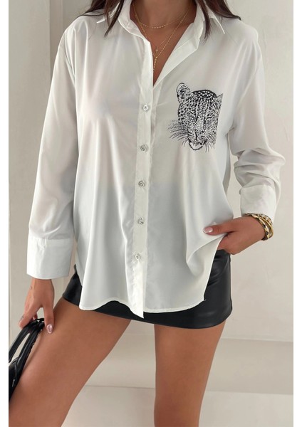 Aslan Desen Baskılı Taşlı Gömlek Gümüş modelleri