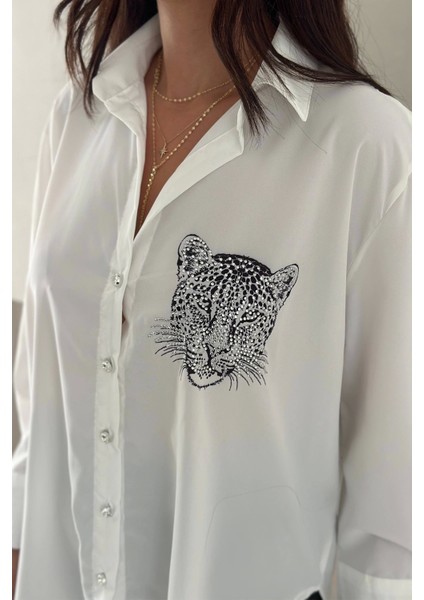 Aslan Desen Baskılı Taşlı Gömlek Gümüş fırsatları