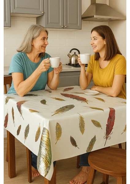 Leke Tutmaz Desenli Pvc Masa Örtüsü – Beyaz Üzeri Beyaz Tüy Desen Kaliteli Muşamba Sofra Bezi modelleri