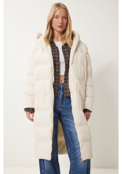 Kapüşonlu Oversize Uzun Şişme Kaban LNT0001 Kemik fiyatları