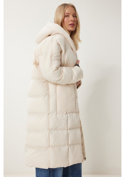 Kapüşonlu Oversize Uzun Şişme Kaban LNT0001 Kemik indirimleri