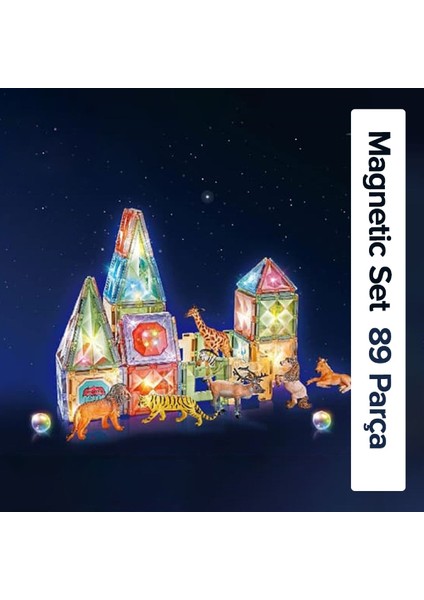 Hayvan Temalı Işıklı Mıktnatıslı Light Manyetik Yapı Blokları 89 Parça Stem Oyun Seti modelleri