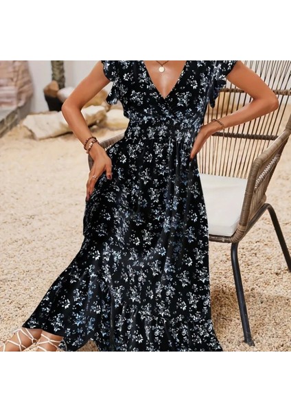 Kadın Kısa Kollu Kruvaze Yakalı Beli Lastikli Çiçek Desenli Elbise