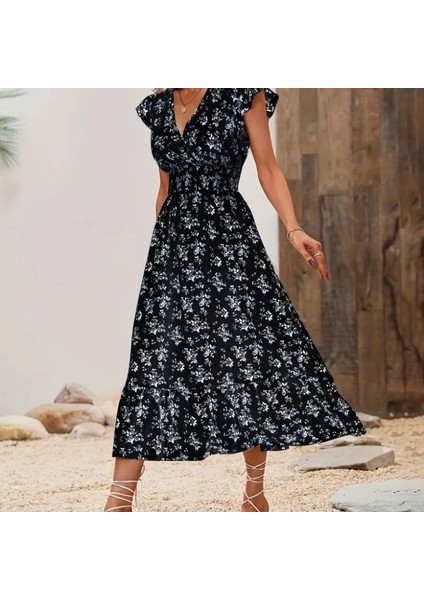 Kadın Kısa Kollu Kruvaze Yakalı Beli Lastikli Çiçek Desenli Elbise fiyatları