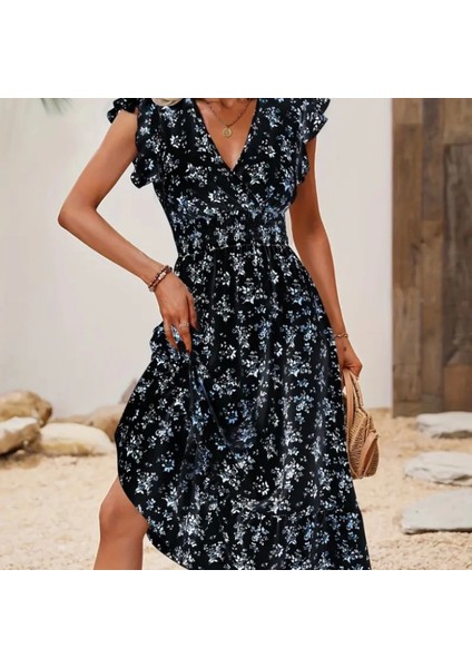 Kadın Kısa Kollu Kruvaze Yakalı Beli Lastikli Çiçek Desenli Elbise modelleri