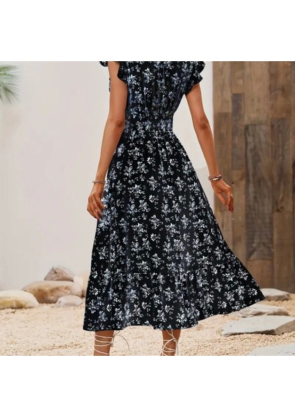 Kadın Kısa Kollu Kruvaze Yakalı Beli Lastikli Çiçek Desenli Elbise fırsatları