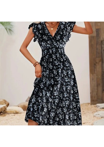 Kadın Kısa Kollu Kruvaze Yakalı Beli Lastikli Çiçek Desenli Elbise indirimleri