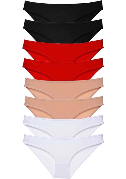 8 Adet Süper Eko Set Likralı Kadın Slip Külot Siyah Kırmızı Ten Beyaz