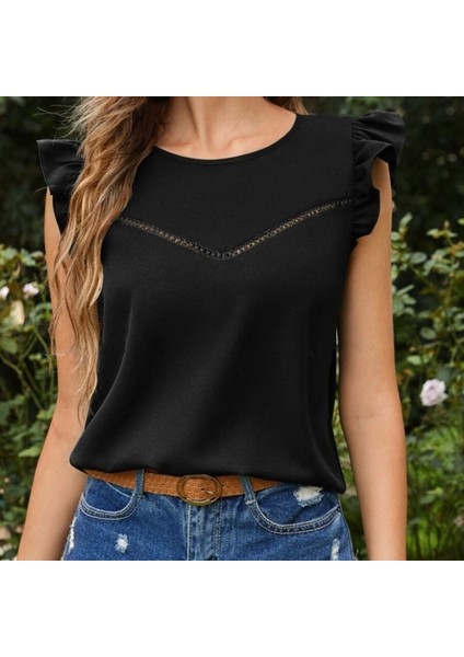 Kadın Yuvarlak Yaka Kolları Fırfırlı Krep Bluz