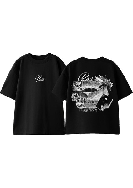 Risk Lip Tasarım Sırt Baskılı Pamuk Siyah Oversize T Shirt