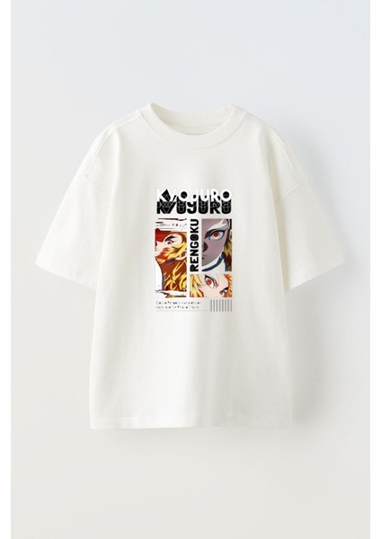 Slayer Rengoku Kyojuro Ön Baskılı Pamuk Beyaz Oversize T Shirt