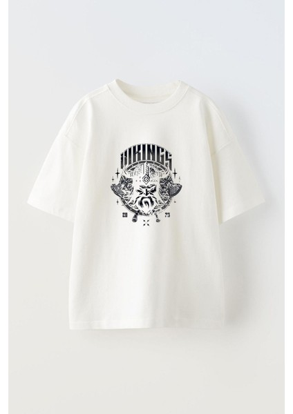 Vıkıngs Balta Ön Baskılı Pamuk Beyaz Oversize T Shirt