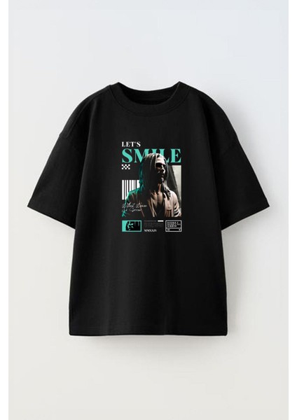 Let's Smile Design Ön Baskılı Pamuk Siyah Oversize T Shirt