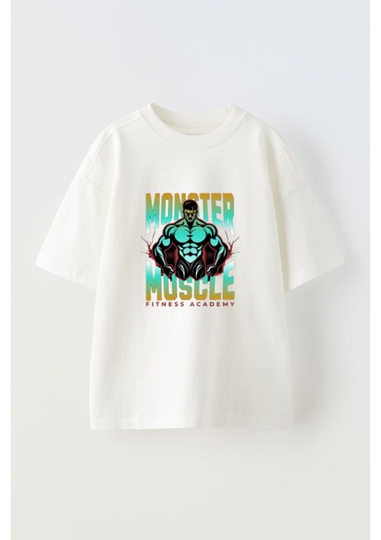 Muscle Academy Ön Baskılı Pamuk Beyaz Oversize T Shirt