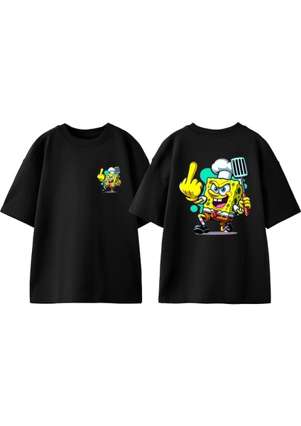 Cef Sungerbob Tasarım Sırt Baskılı Pamuk Siyah Oversize T Shirt