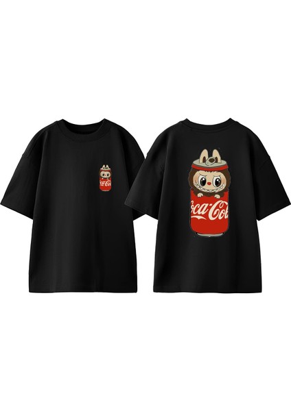 Cute Labubu Black Tasarım Sırt Baskılı Pamuk Siyah Oversize T Shirt