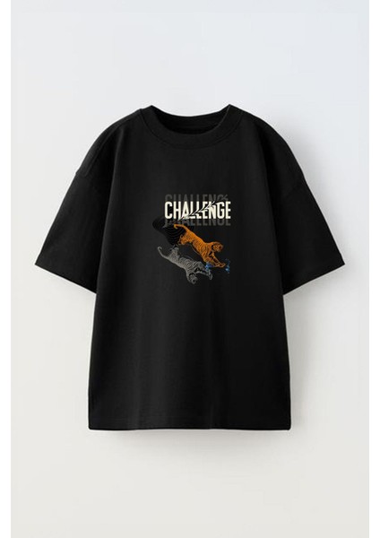 Tiger Challenge Ön Baskılı Pamuk Siyah Oversize T Shirt