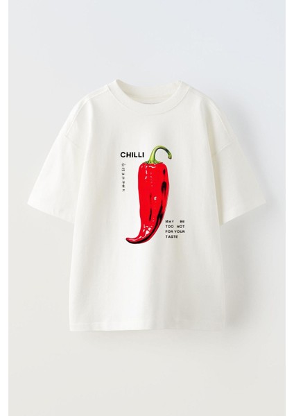Chilli Pepers Ön Baskılı Pamuk Beyaz Oversize T-Shirt