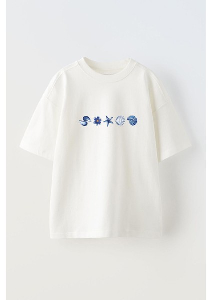 Sea Shells Ön Baskılı Pamuk Beyaz Oversize T Shirt