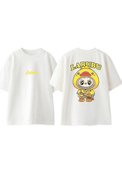 Labubu Yellow Tasarım Sırt Baskılı Pamuk Beyaz Oversize T Shirt