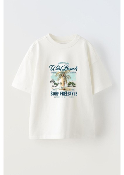 Wild Beach Surf Freestyle Ön Baskılı Pamuk Beyaz Oversize T Shirt