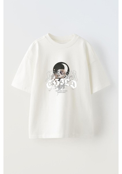 Moon Child Ön Baskılı Pamuk Beyaz Oversize T Shirt