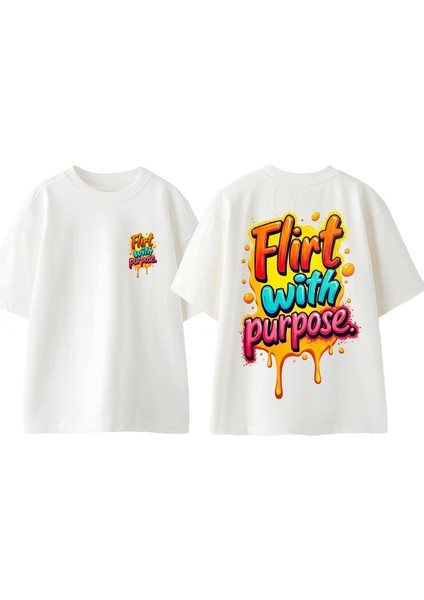 Flirt With Purpose Tasarım Sırt Baskılı Pamuk Beyaz Oversize T Shirt