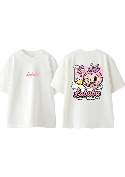 Labubu Shower Tasarım Sırt Baskılı Pamuk Beyaz Oversize T Shirt