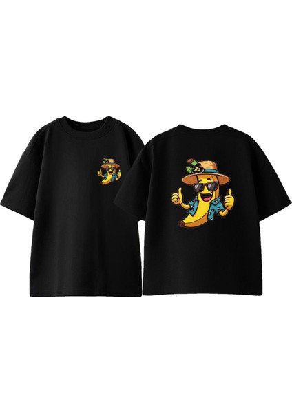 Tatil Muzu Ön Arka Baskılı Pamuk Siyah Oversize T Shirt
