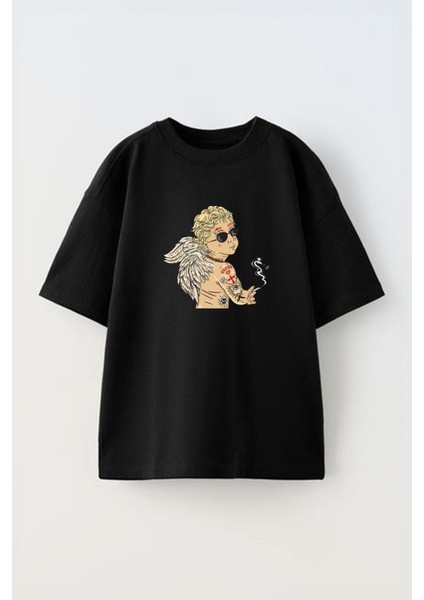 Dövmeli Melek Ön Baskılı Pamuk Siyah Oversize T Shirt