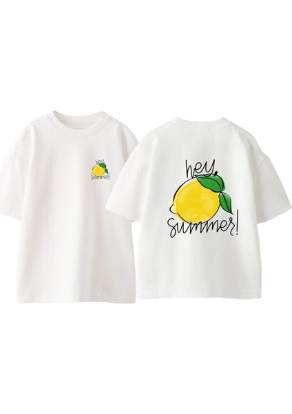 Hey Lemon Ön Arka Baskılı Pamuk Beyaz Oversize T Shirt