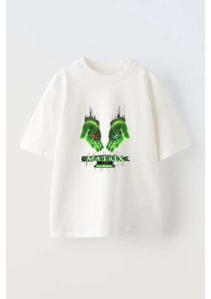 Matrix-Tasarım Ön Baskılı Pamuk Beyaz Oversize T Shirt
