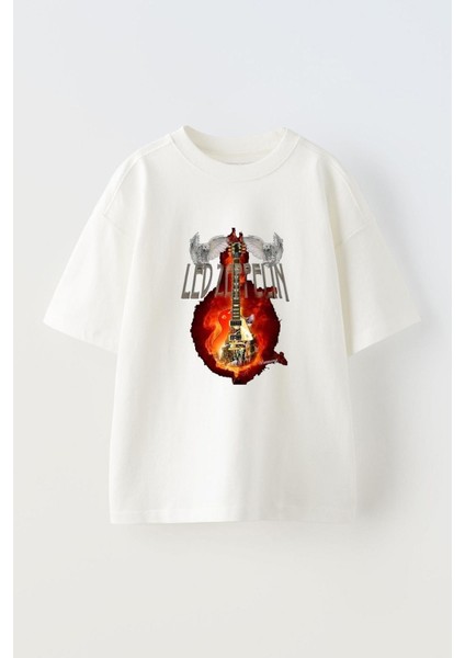 Led-Zeppelin-Tasarım Ön Baskılı Pamuk Beyaz Oversize T Shirt
