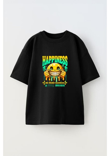 Happiness No More Sadness Ön Baskılı Pamuk Siyah Oversize T Shirt