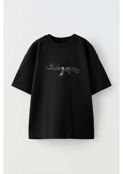 Kedi El Aleti Ön Baskılı Pamuk Siyah Oversize T Shirt