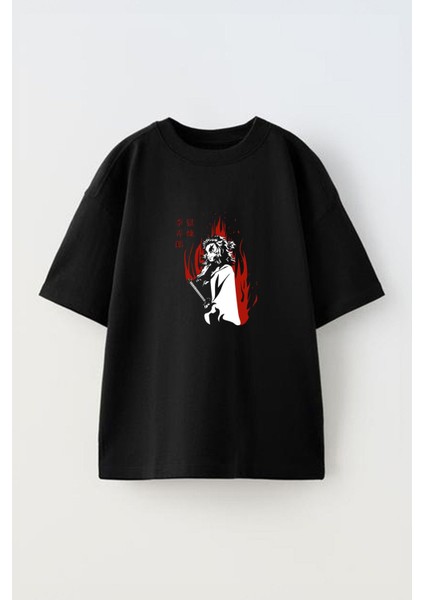 Anime Kyojuro Rengoku Ön Baskılı Pamuk Siyah Oversize T Shirt